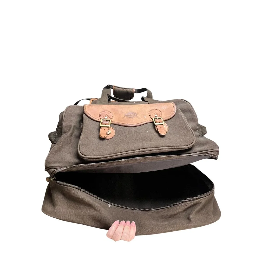 Cabelas Canvas Leather Trim Duffel Bag Brown Travel Luggage Weekend Bag